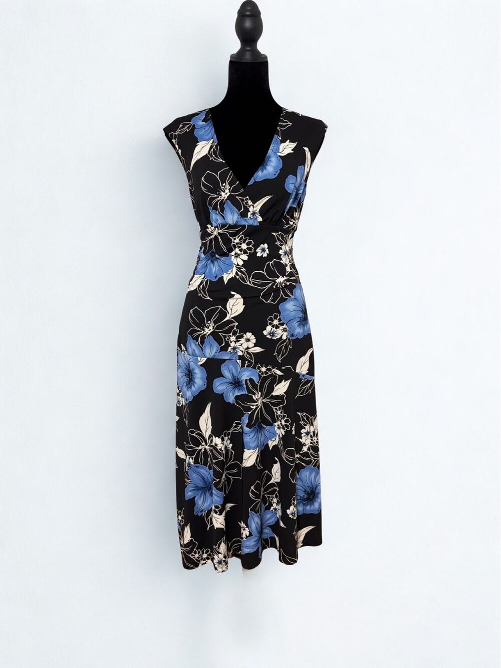 Vtg Y2K Byer Too Black Sleeveless Surplice Wrap Dress Blue Floral Print Size M
